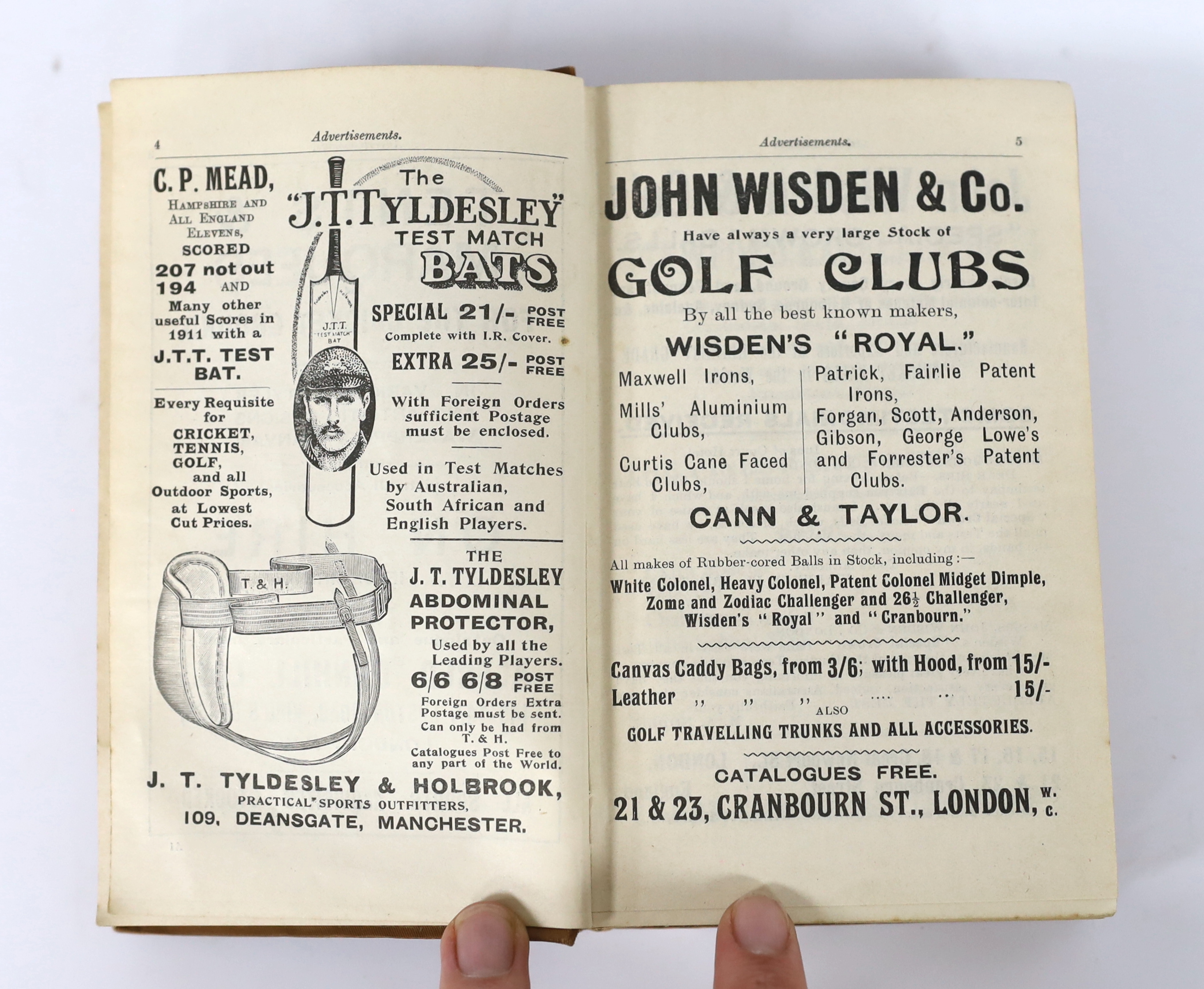 Wisden - John Wisden’s Cricketer’s Almanack for 1912, edited by Sydney H. Pardon, forty-ninth edition, 8vo, with tipped-in portraits of members of the M.C.C’s team in Australia, advertisements at beginning and end, origi